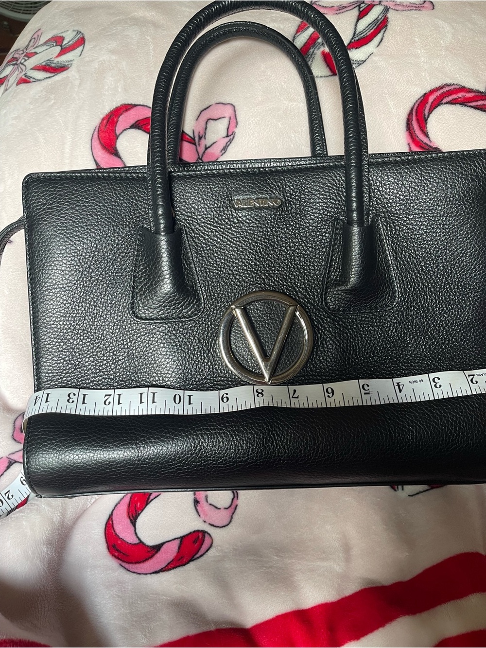 Valentino Black Pebbled Leather Satchel with Silver V Logo